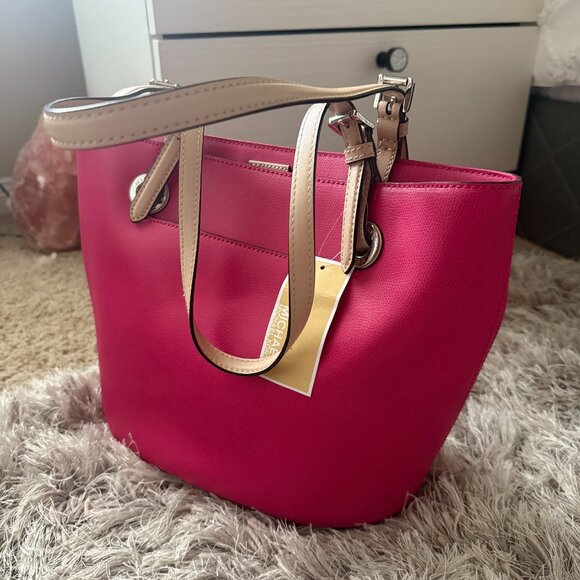 MICHAEL KORS MK Jet Set MD Tote Bag Pink Lipstick Leather Beige Gold - Picture 1 of 4